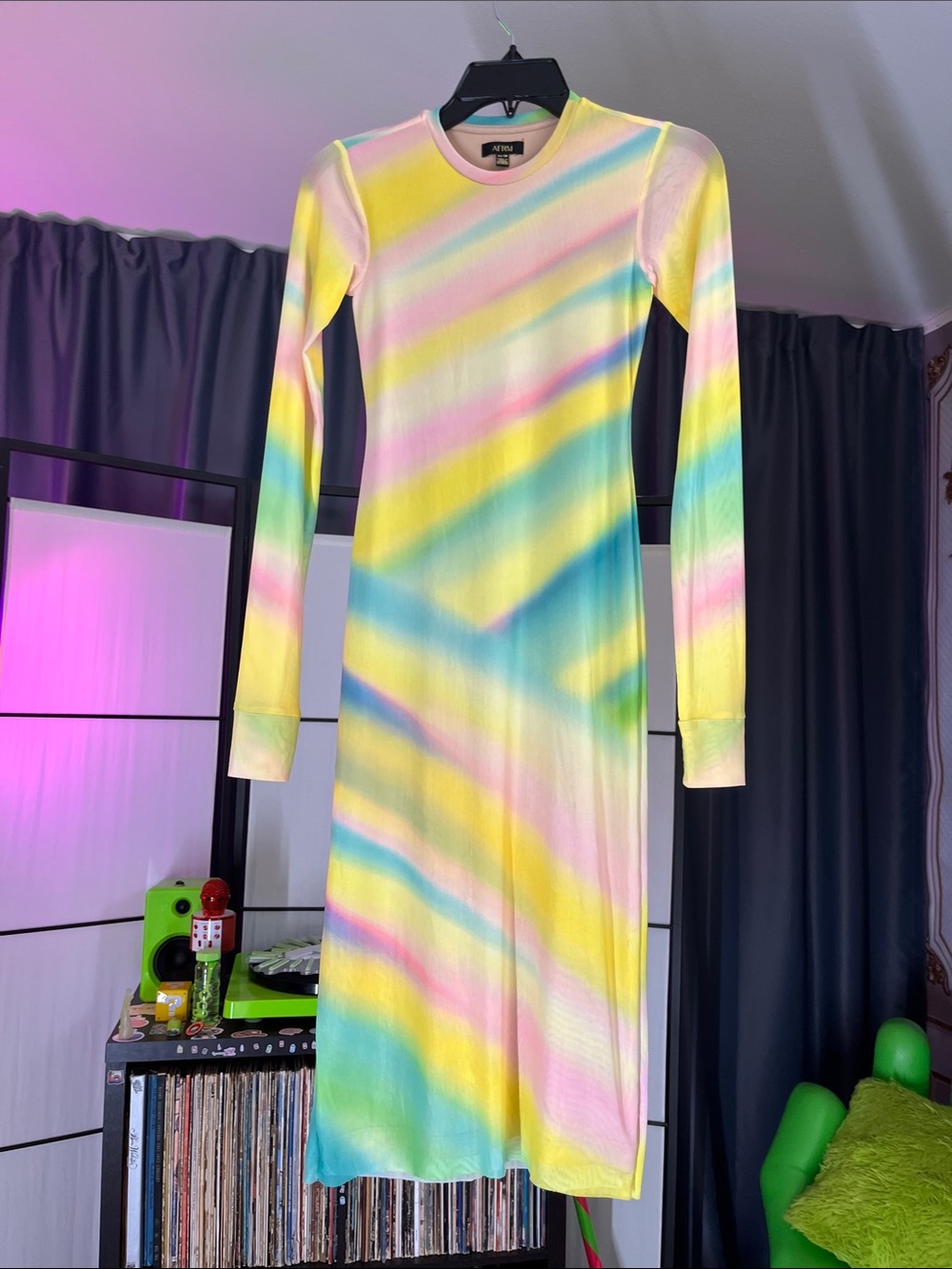 AFRM Long Sleeve Maxi Dress in Pastel Yellow, Pink, Blue & Green